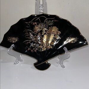 Vintage Imperial Kiku Fan Dish Black Gold Floral Japan